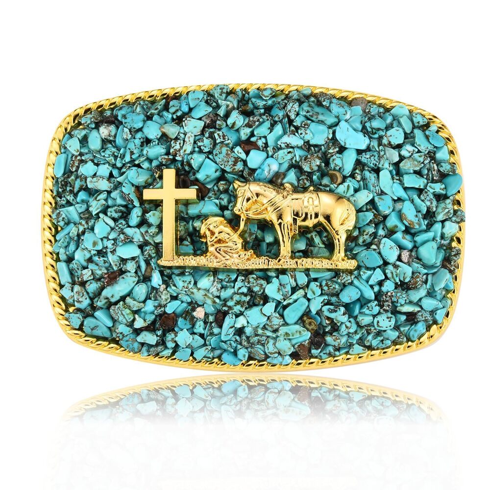 9204 Western Belt Buckle , Antique Golden Prayer Belt Buckle with Turquoise